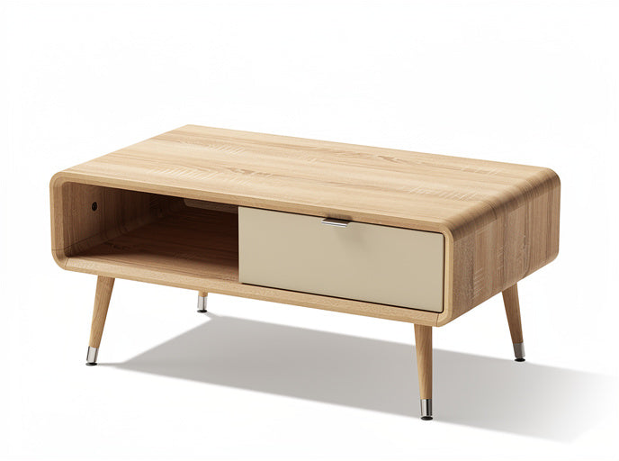 **Technische Titel in het Nederlands: Moderne Houten Salontafel met Lade en Open Opbergruimte**