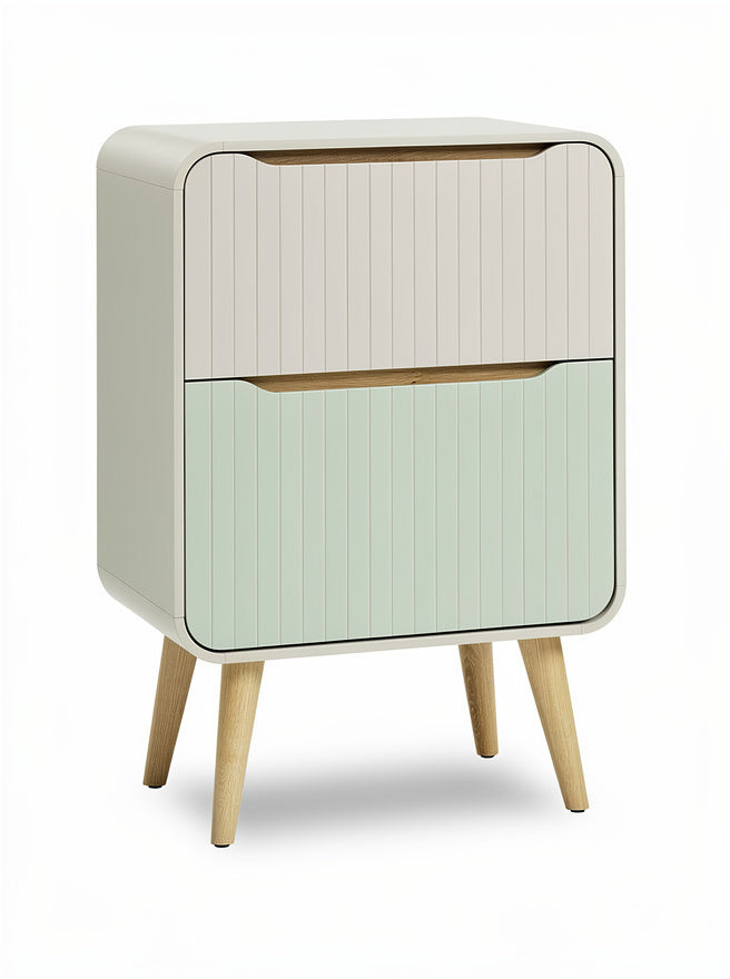 **Moderne kast met dubbele lade en houten poten**