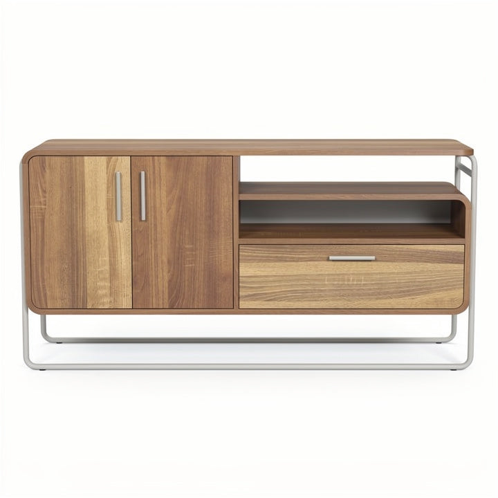 **Technische titel in het Nederlands:** Moderne houten kast met stalen onderstel en open vakken.
