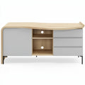 **Moderne houten commode met organische vormen en grijze lades**