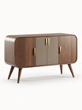 **Moderne houten kast met gouden handgrepen en groeven**