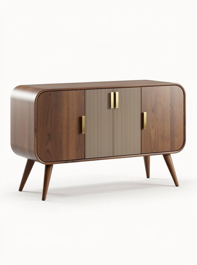 **Moderne houten kast met gouden handgrepen en groeven**